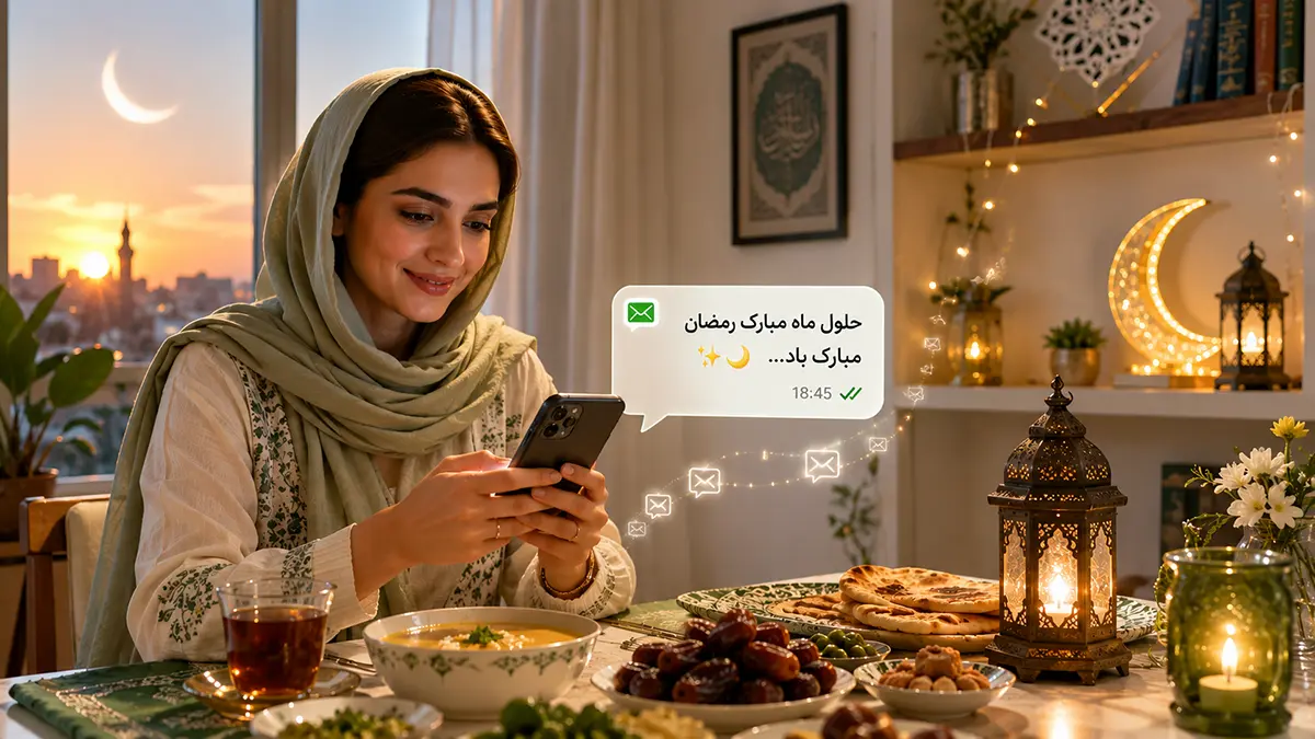 زنی ایرانی درحال خواندن و ارسال پیامک ماه رمضان روی تلفن همراه، در کنار سفره افطار و المانهای سنتی مانند هلال ماه و فانوس رمضان.