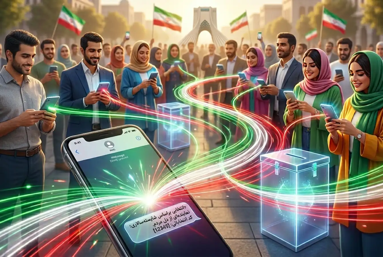 پیامک انتخاباتی در یک صفحه موبایل که با رشتههای نوری سیز، سفید و قرمز به موبایل مردم میرسد.