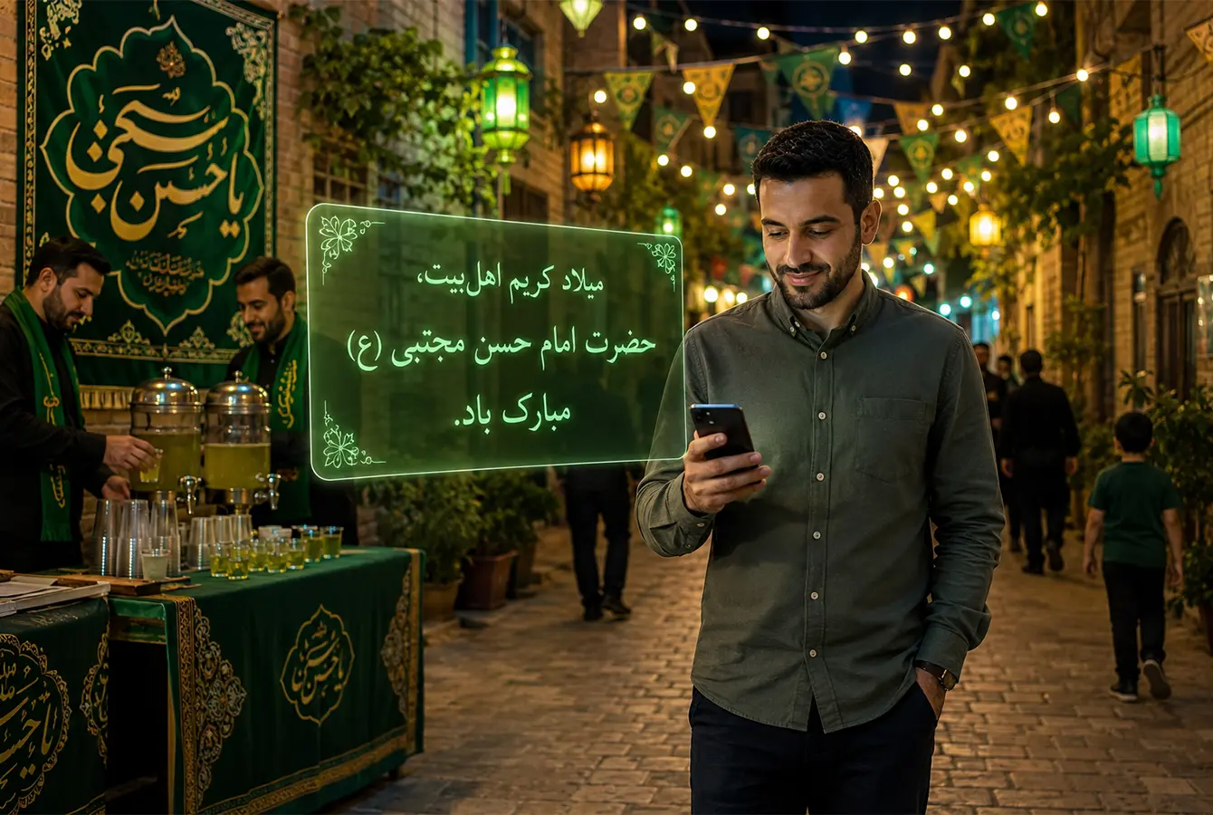 در خیایبانی که جشن ولادت امام حسن برگزار شده مردی درحال پیامک است.