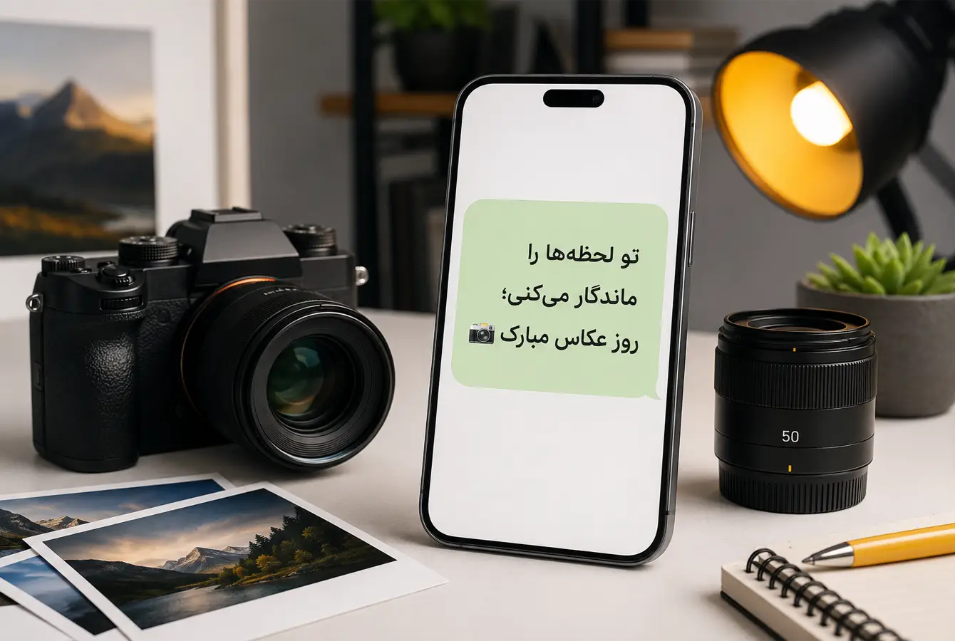 نمونه پیامک تبریک روز عکاس روی موبایل در کنار دوربین و تجهیزات عکاسی