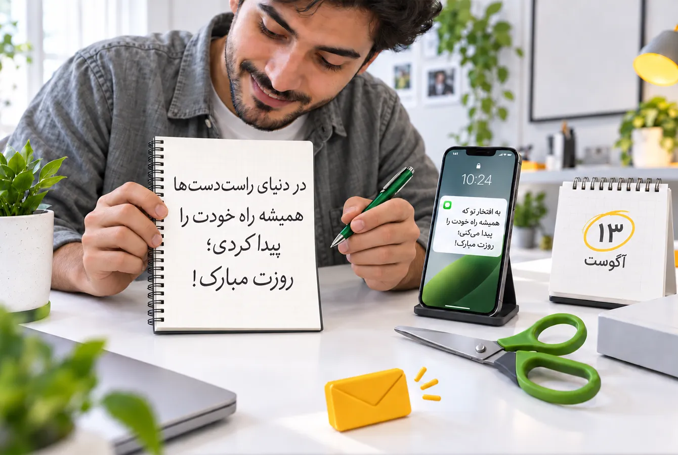 پسر چپ دست در حال نشان دادن متن تبریکی که با دست چپ نوشته در کنار موبایل با پیامک تبریک روز چپ دست در فضای اتاق پسر