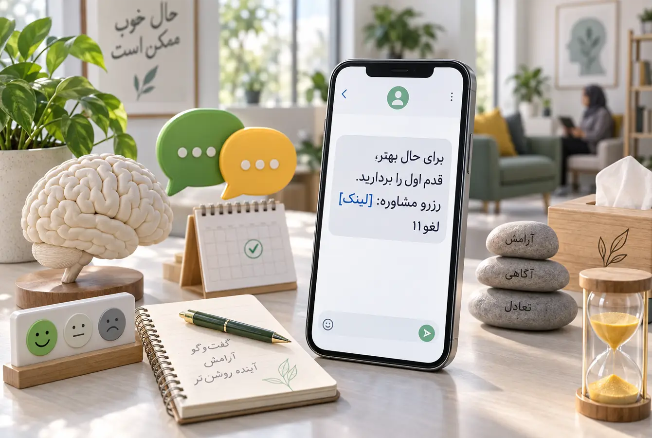 نمونه پیامک رزرو مشاوره در موبایل با نمادهای کلینیک روانشناسی