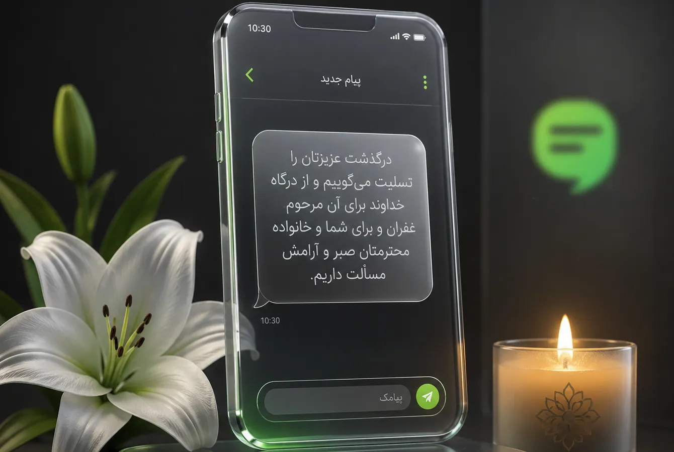 نمونه پیامک تسلیت در نمایشگر موبایل در کنار شمع و گل
