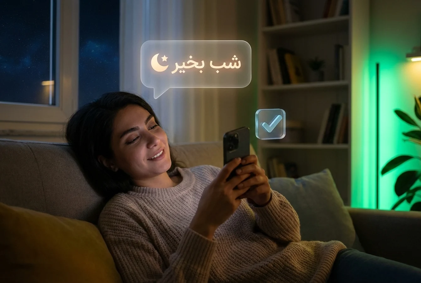 خانمی با یک موبایل در دست، در حال ارسال پیامک شب بخیر