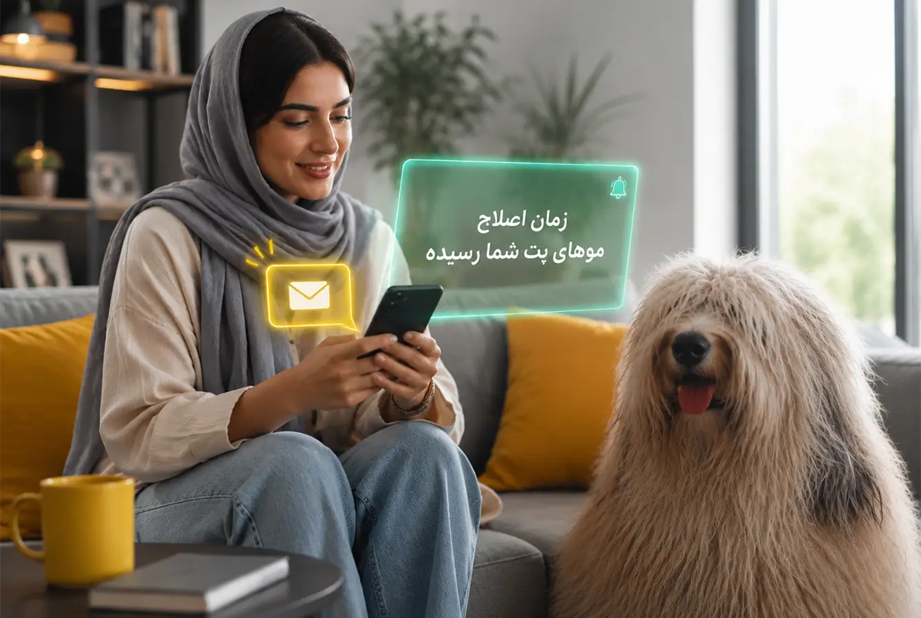 خانمی با پت خود در خانه نشسته و پیامک تخفیف پت شاپ را دریافت کرده است.