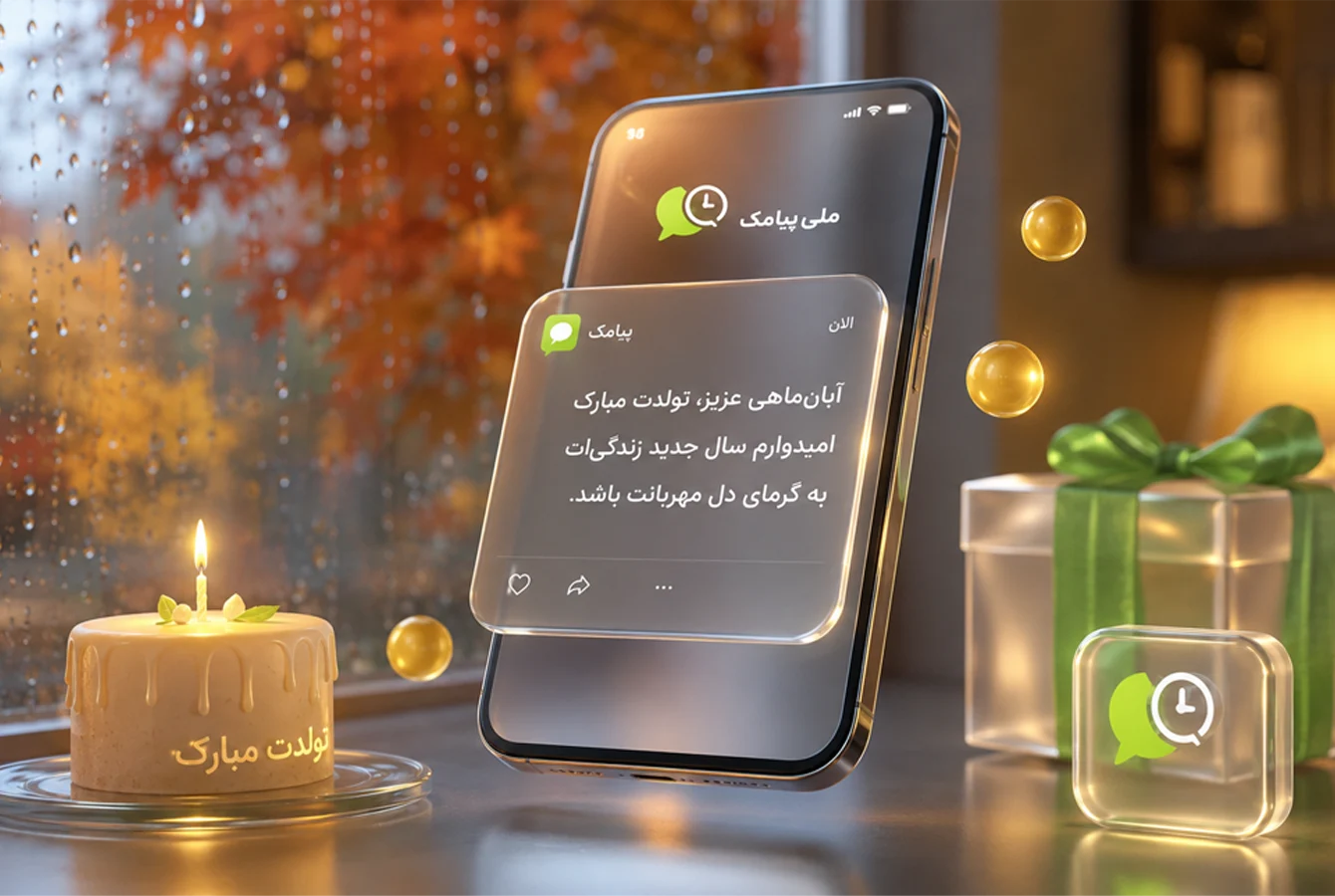 نمونه پیامک تبریک تولد آبان ماه داخل موبایل در هوای پاییزی و کیک تولد