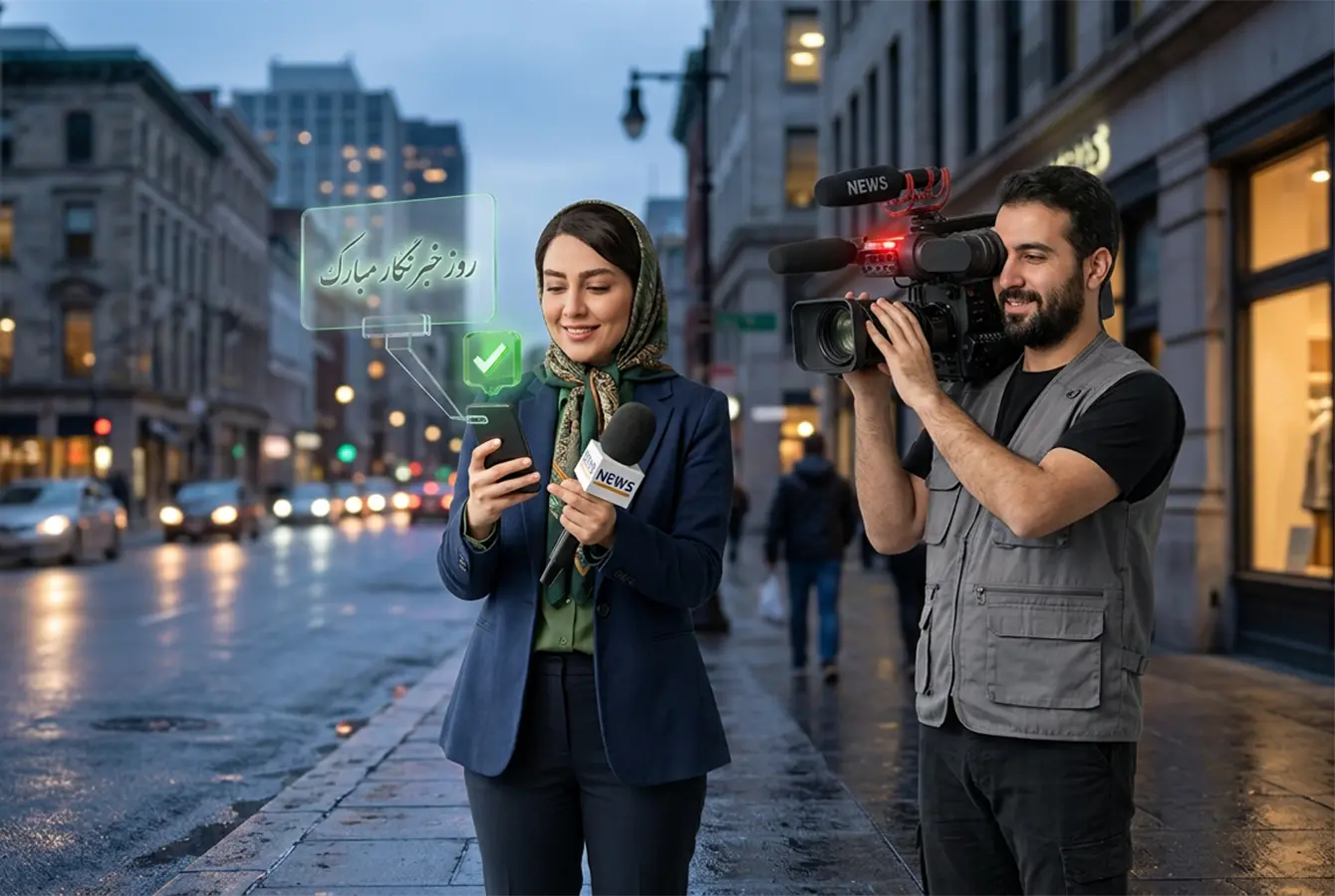 خانم و آقای خبرنگار در خیابان ایستاده اند و برای خانم پیامک تبریک روز خبرنگار آمده