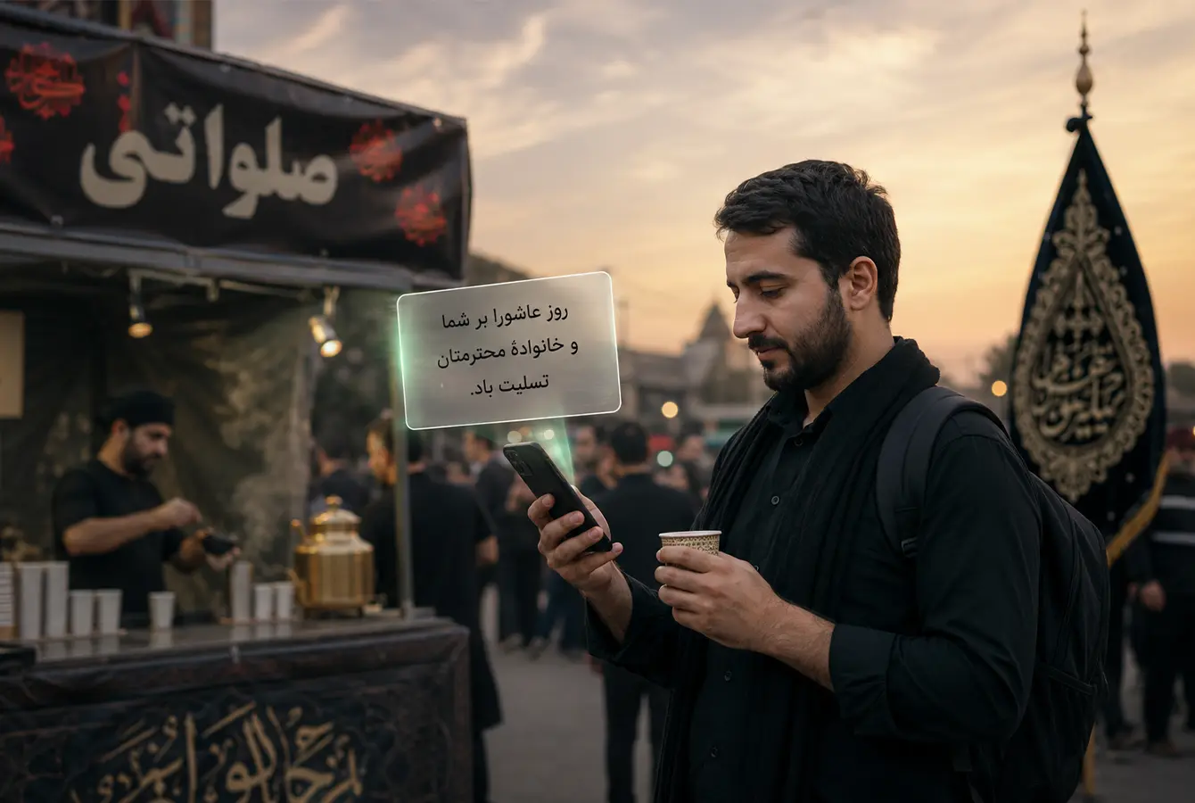 مردی در مقابل ایستگاه صلواتی ایستاده و پیامک تسلیت روز عاشورا را میخواند.