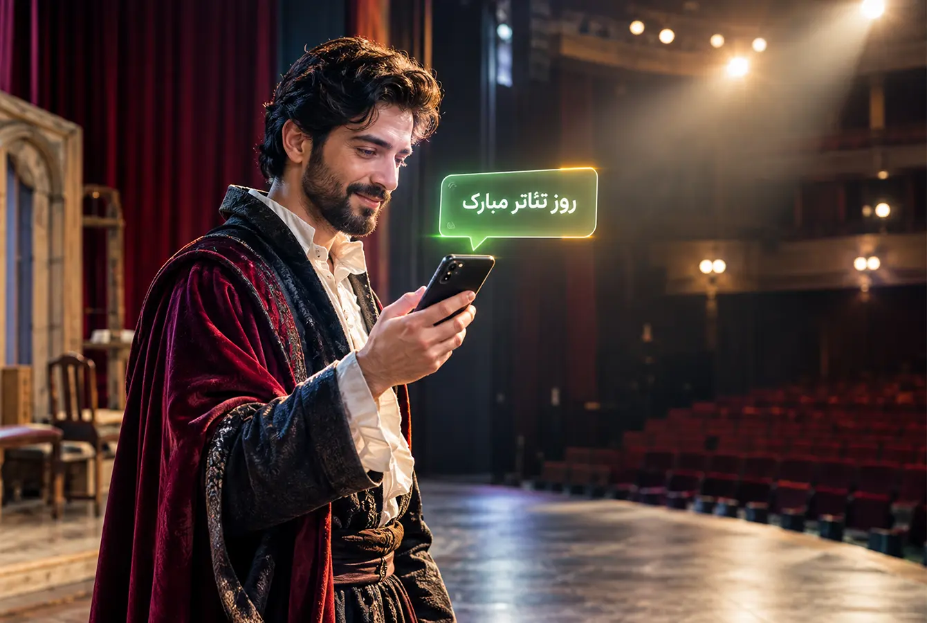 بازیگر تئاتر در حال نگاه کردن به گوشی با پیام «روز تئاتر مبارک»