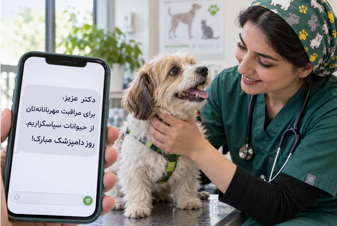 دامپزشک در حال مراقبت از سگ، کنار موبایلی با نمونه پیامک تبریک روز دامپزشک