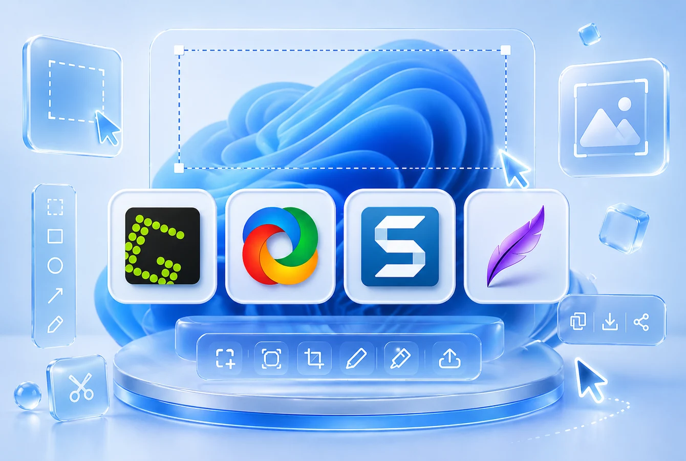 تصویر آموزشی و مدرن که چهار ابزار اسکرینشات شامل Greenshot، ShareX، Snagit و Lightshot را در فضایی مینیمال و الهامگرفته از طراحی ویندوز 11 نشان میدهد.