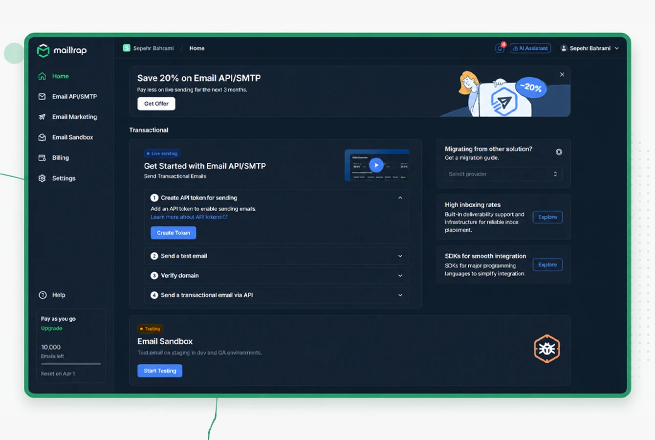 داشبورد Mailtrap برای ارسال ایمیل تراکنشی از طریق SMTP و API