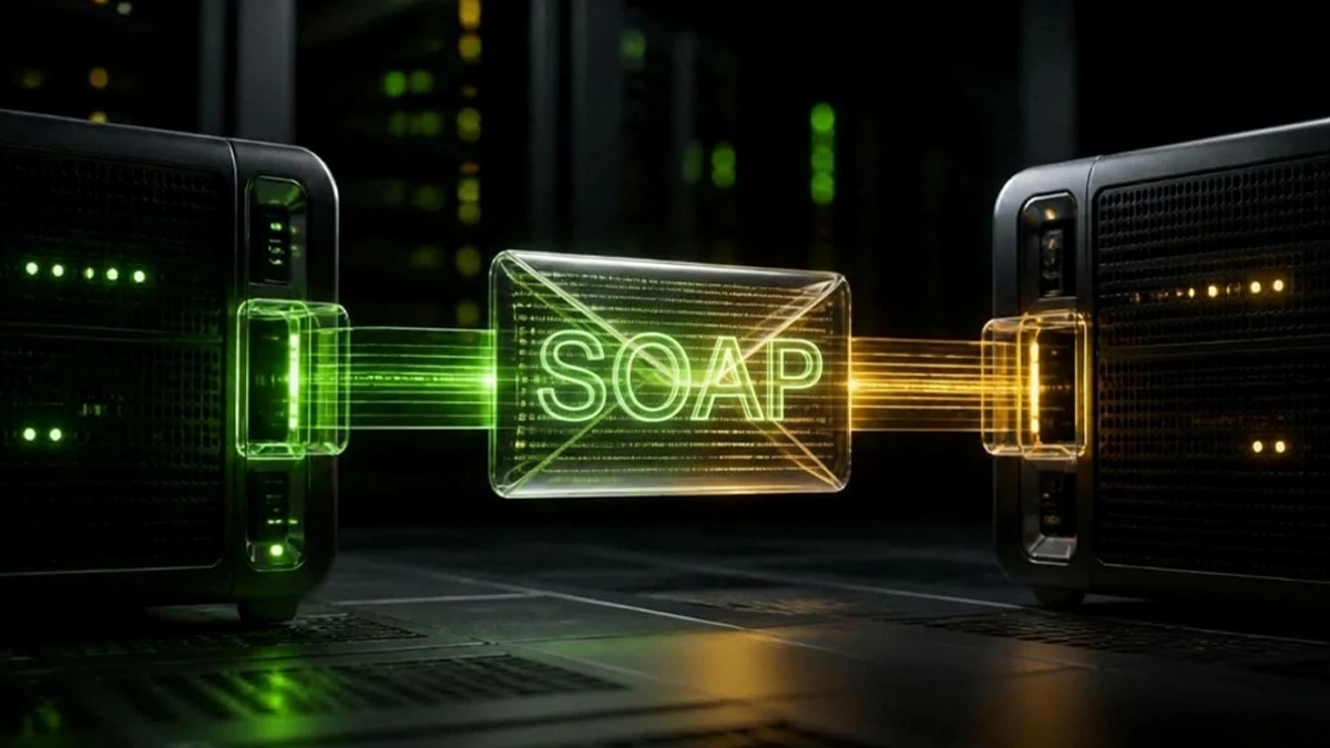 تصویری مفهومی از انتقال داده بین دو سرور به شکل یک پاکت نامه نورانی با کلمه SOAP در محیط سرورخانه.