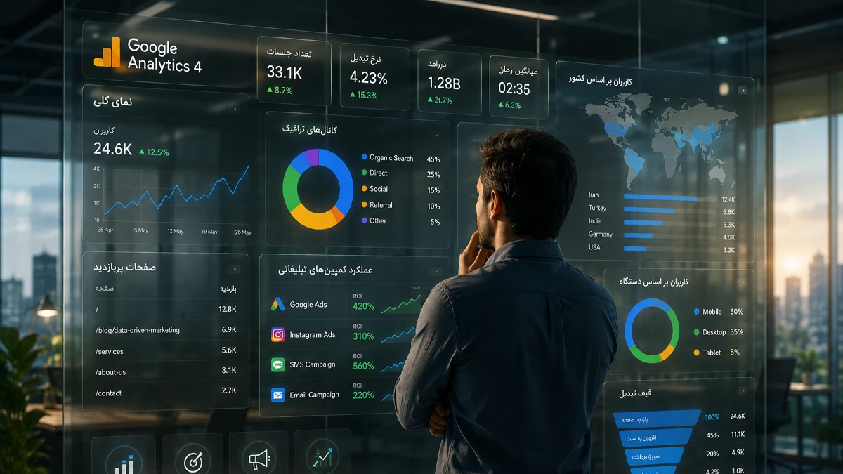کارشناس بازاریابی درحال بررسی داشبورد Google Analytics 4 و گزارش‌های تحلیلی روی یک دیوار شیشه‌ای هوشمند برای تحلیل داده‌ها و بهینه‌سازی کمپین‌های تبلیغاتی.
