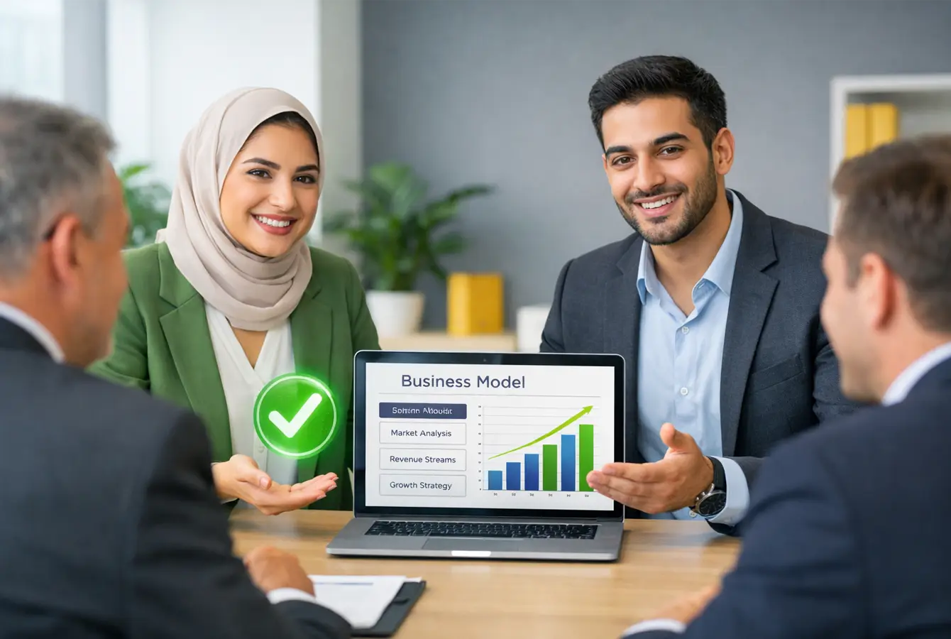 یک خانم و آقا به عنوان موسس استارتاپ در حال ارائه برنامه و مزیت های شرکت خود برای جذب سرمایهگذار برای راهاندازی استارتاپ