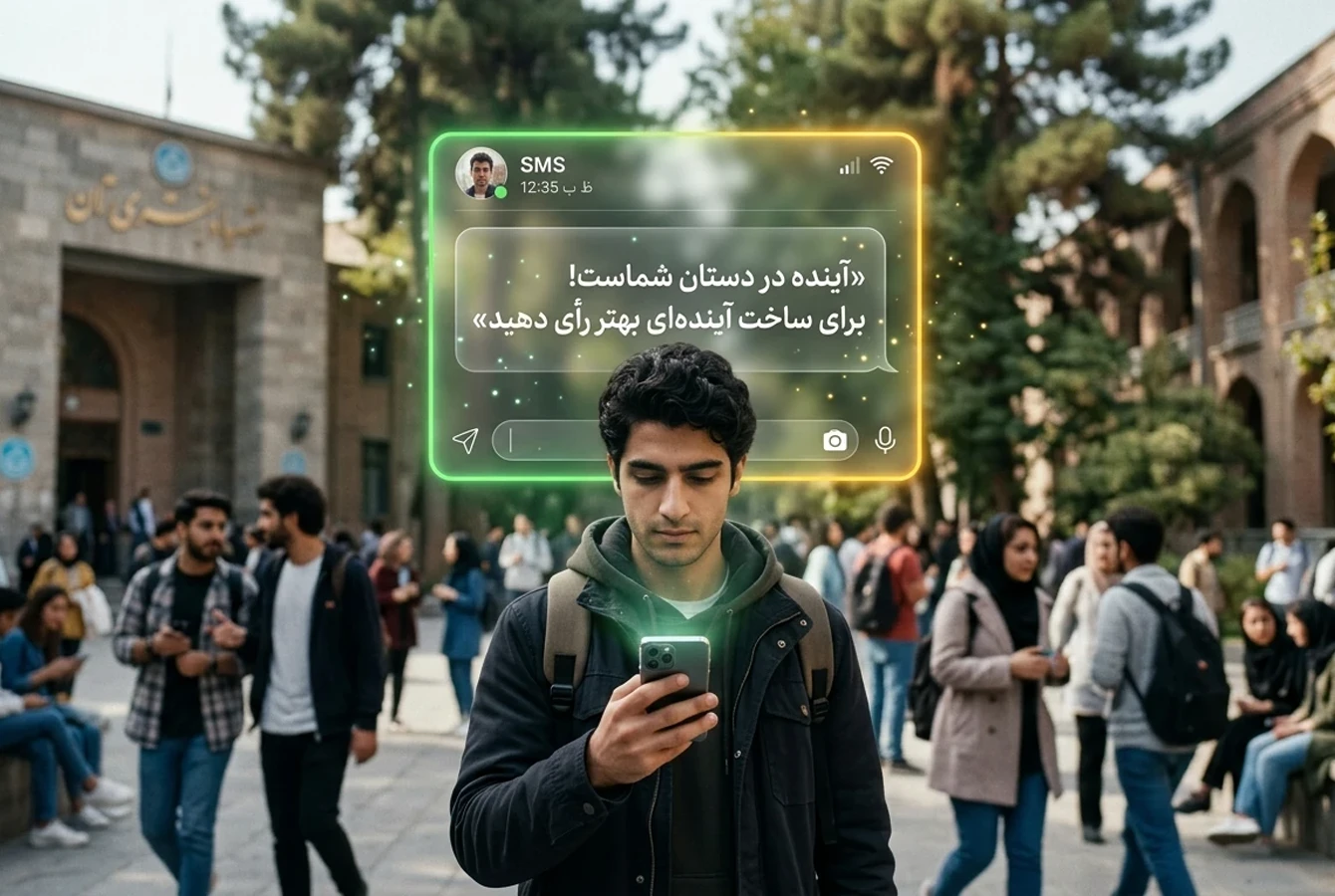 پسر داشنجویی در داشگاه ایستاده و درحال خواند پیامک انتخاباتی است.