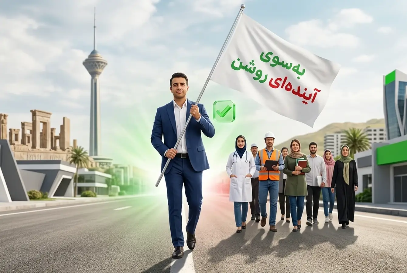مردی یک پرچم که روی آن نوشته شده «بهسوی آیندۀ روشن» درحال راه رفتن است و مردم با شغلهای مختلف پشت سر او حرکت میکنند.