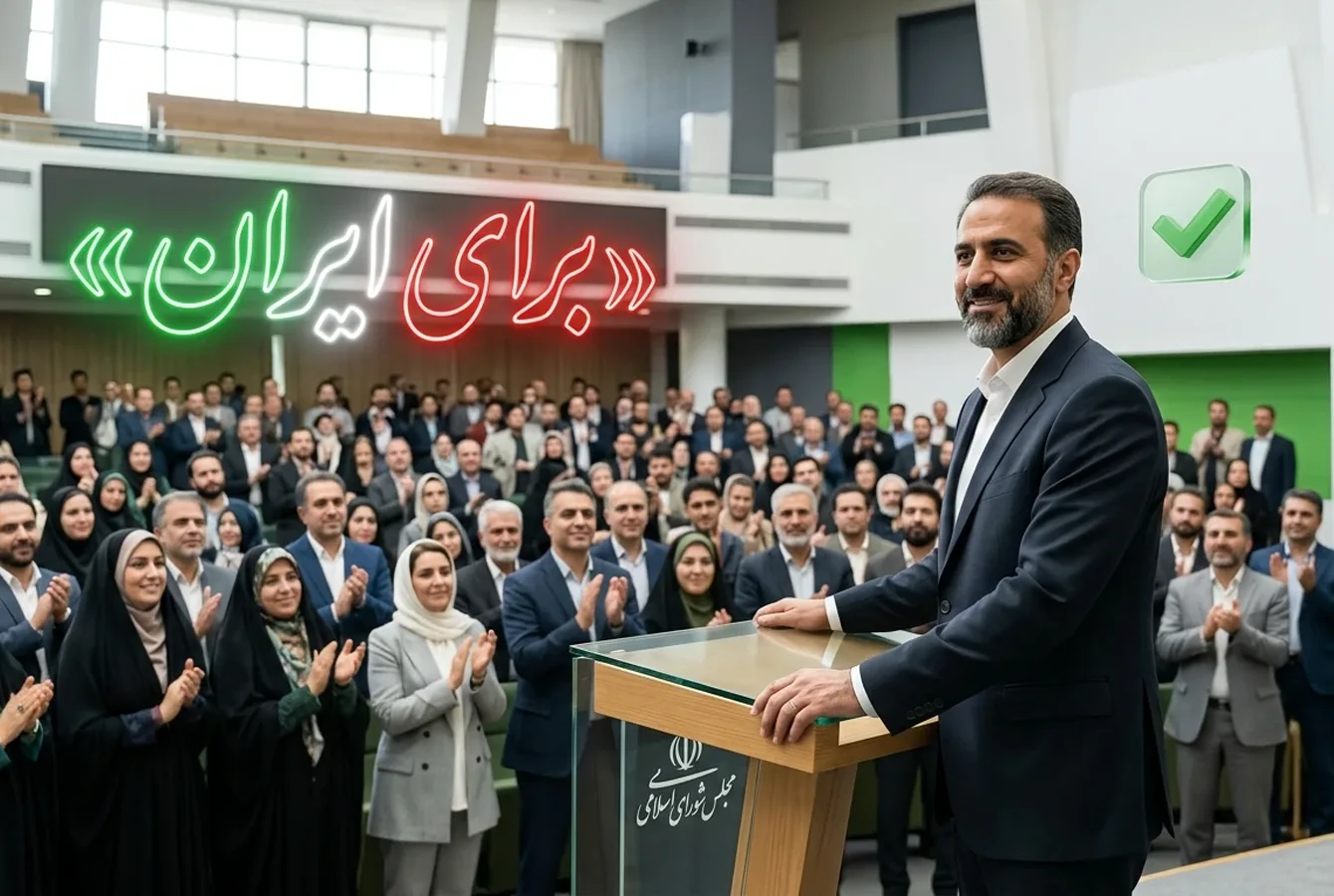 مردی با کت شلوار که نمایندۀ مجلس است پشت تریبون ایستاده و مردم در مقابل ایستادند و درحال تشویق او هستند.