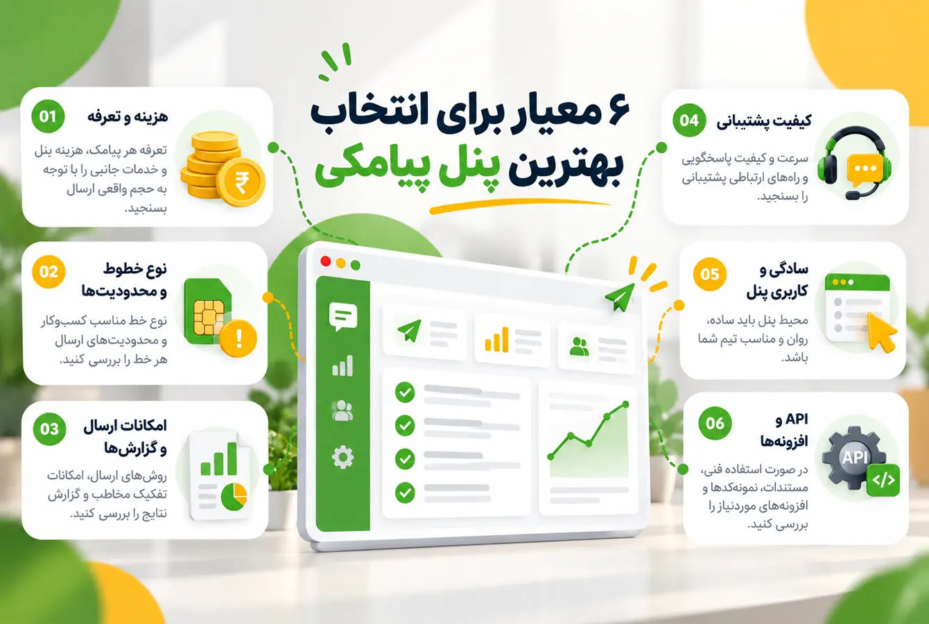 ۶ معیار مهم برای انتخاب بهترین پنل پیامکی شامل هزینه، گزارش ارسال، پشتیبانی، سادگی پنل، خطوط و API