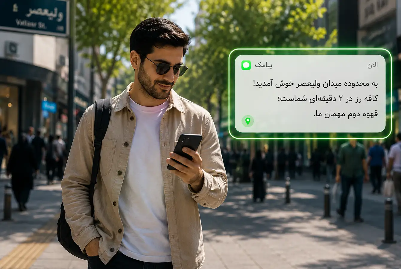 آقای ایرانی در حال عبور از خیابان و خواندن پیامک زنده از کسبوکارهای اطراف