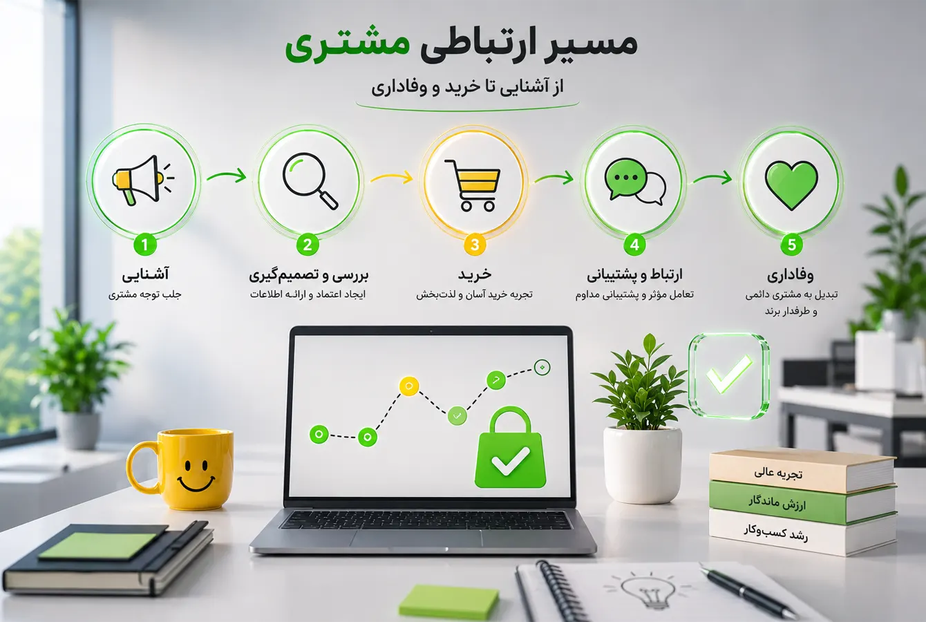 یک لپتاپ، گلدان و دفتر بر روی میز قرار دارند. بالای لپتاپ عناصر تصویری مسیر خرید مشتری، معلق هستند.
