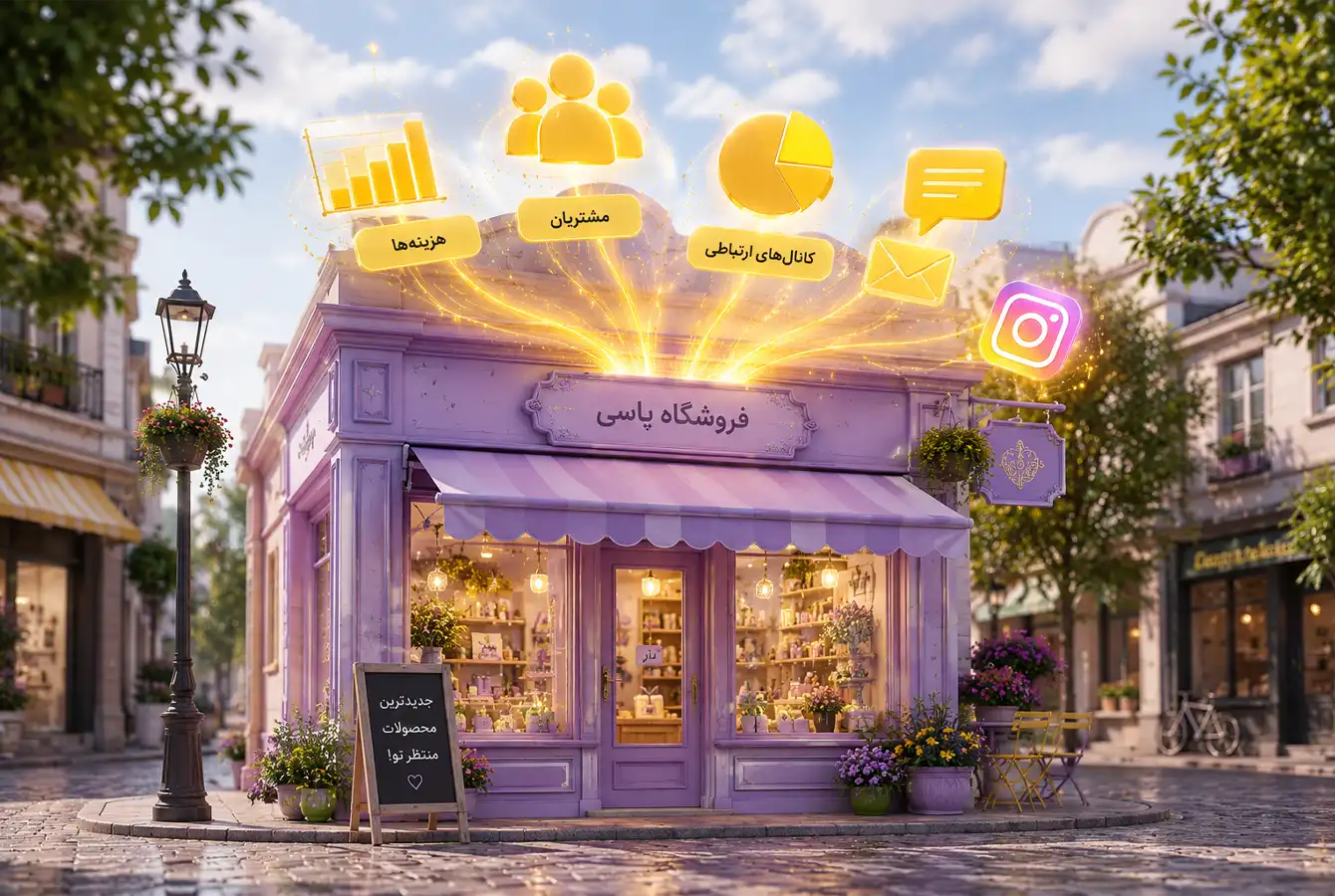 فروشگاهی یاسی رنگ در خیابانی قرار دارد. از بالای این فروشگاه عناصر تصویری پیامک، اینستاگرام و نمودار فروش نمایان شده است.