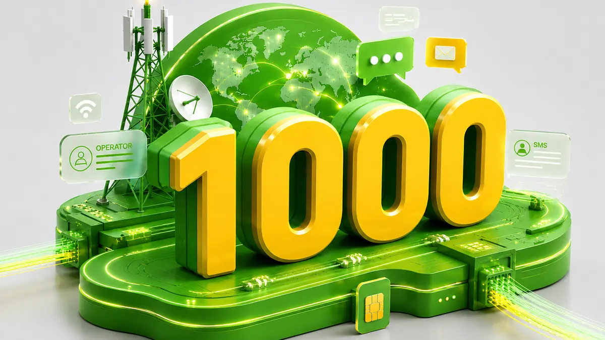 سرشماره پیامکی 1000 با طراحی سه‌بعدی مدرن، نماد ارسال پیامک