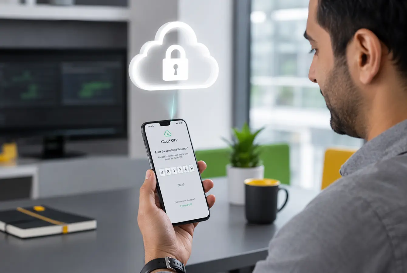 کاربر در حال دریافت و وارد کردن رمز یکبار مصرف Cloud OTP روی گوشی هوشمند