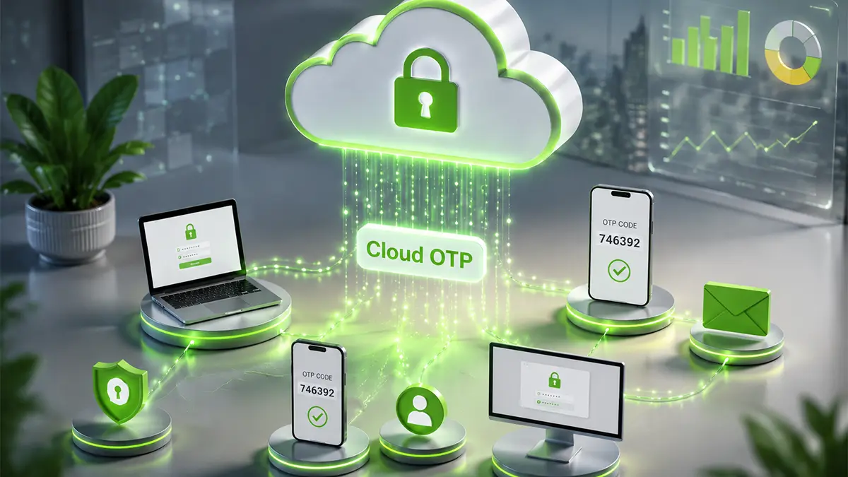تصویر مفهومی Cloud OTP و احراز هویت ابری با نمایش ارسال رمز یکبار مصرف به دستگاه‌های مختلف