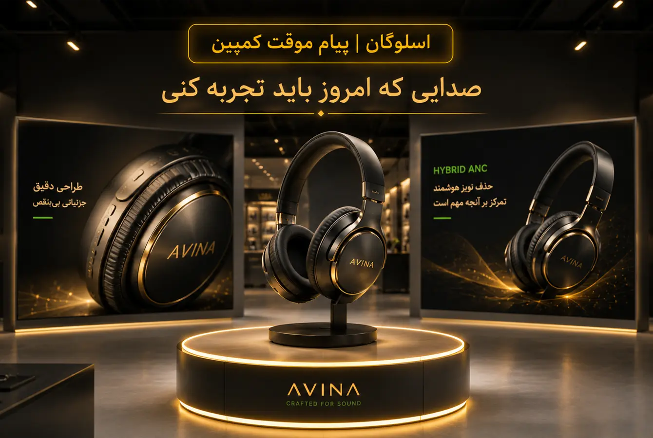تصویر مفهومی از یک کمپین تبلیغاتی هدفون بیسیم که مفهوم اسلوگان را بهعنوان پیام موقت بازاریابی نمایش میدهد؛ محصول در مرکز صحنه قرار دارد و بنرهای تبلیغاتی اطراف، ویژگیها و زوایای مختلف آن را معرفی میکنند.