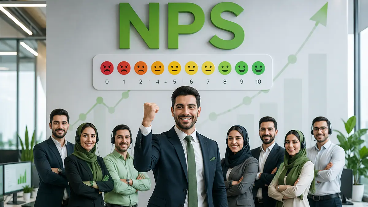 مدیری همراه با کارمندانش ایستاده اند و رشد شاخص nps را جشن می‌گیرند.