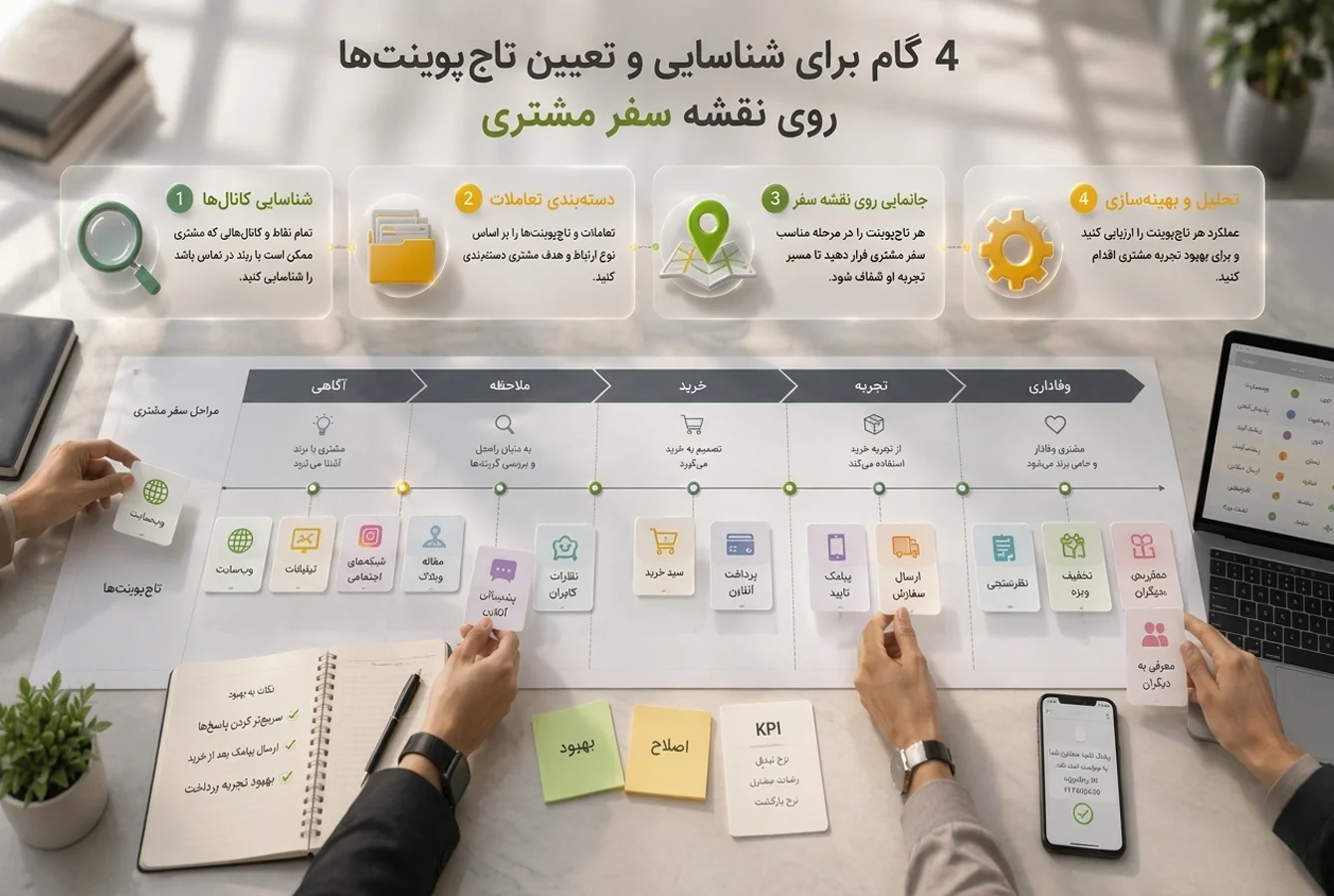 اینفوگرافیک ۴ مرحلهای شناسایی و تعیین تاچپوینتهای مشتری روی نقشه سفر مشتری شامل مراحل جذب، تعامل، خرید و وفادارسازی با آیکونهای وبسایت، پیامک، پرداخت، ارسال سفارش و نظرسنجی.