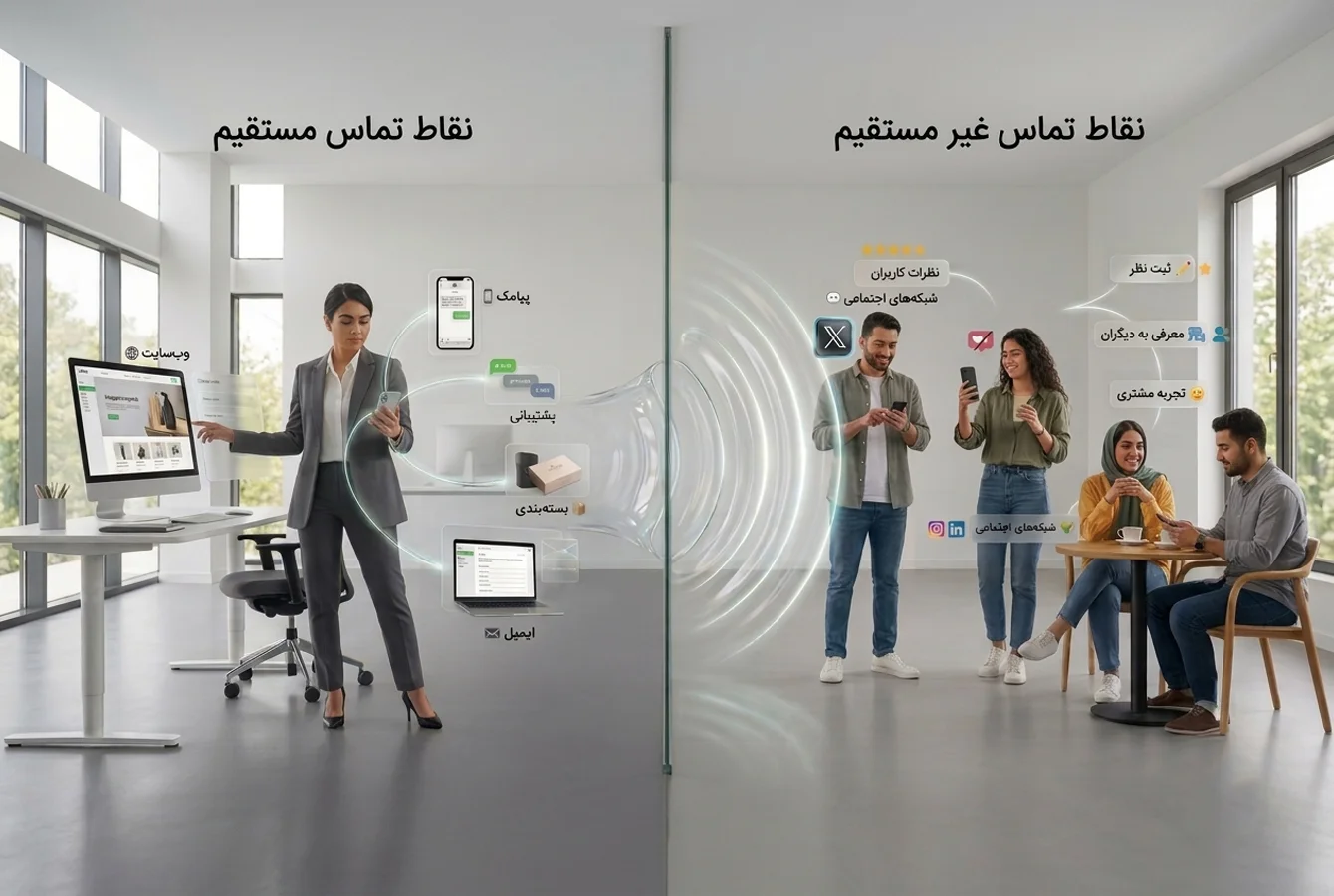 مقایسه تاچ پوینتهای مستقیم و غیرمستقیم مشتری؛ در سمت چپ نقاط تماس تحت کنترل برند مانند وبسایت، پیامک، پشتیبانی، بستهبندی و ایمیل، و در سمت راست تعاملات مشتریان مانند نظرات کاربران، شبکههای اجتماعی، ریویوها و معرفی برند به دیگران.