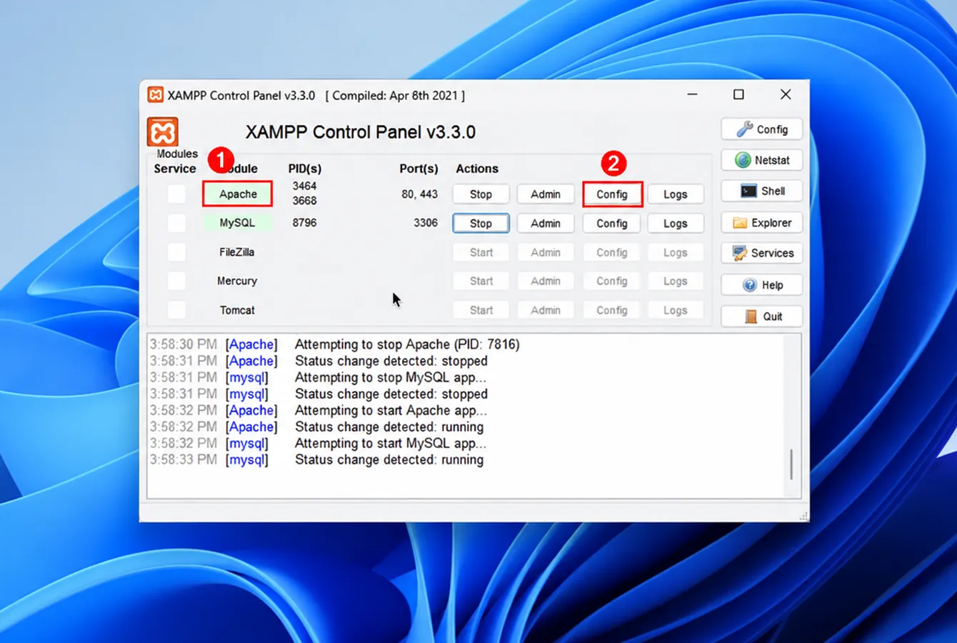 آموزش ورود به تنظیمات Apache در XAMPP Control Panel
