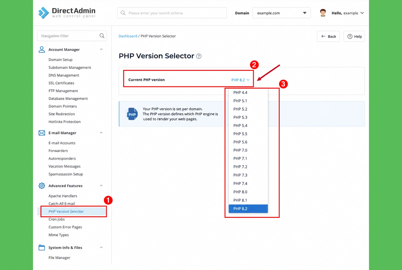 تصویر بخش PHP Version Selector در DirectAdmin برای تغییر نسخه PHP سایت