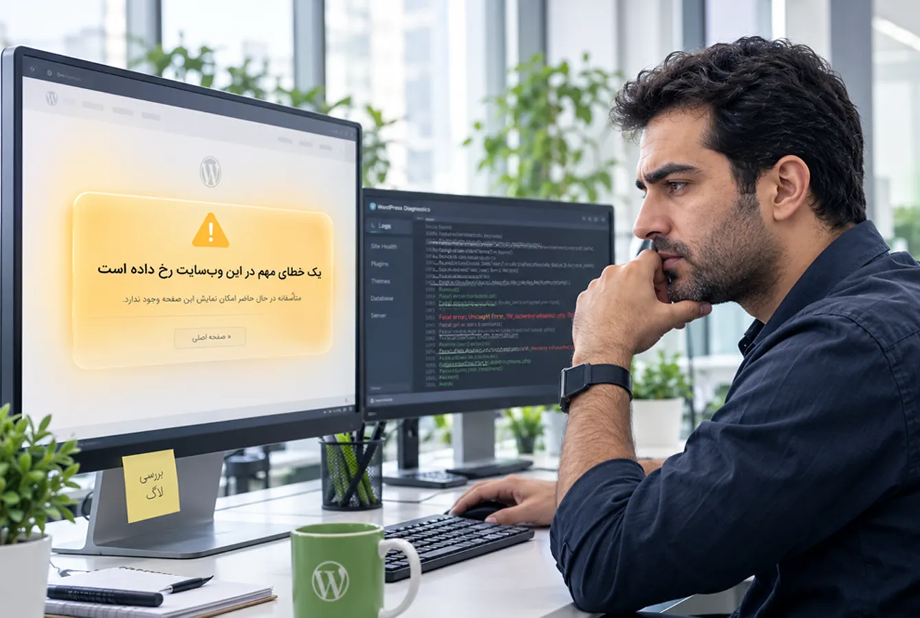 کارشناس ایرانی وردپرس در حال بررسی خطای مهم یک وبسایت روی مانیتور