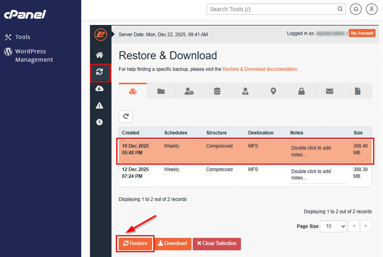 تصویر صفحه Restore & Download در JetBackup cPanel برای بازیابی یا دانلود نسخه پشتیبان سایت