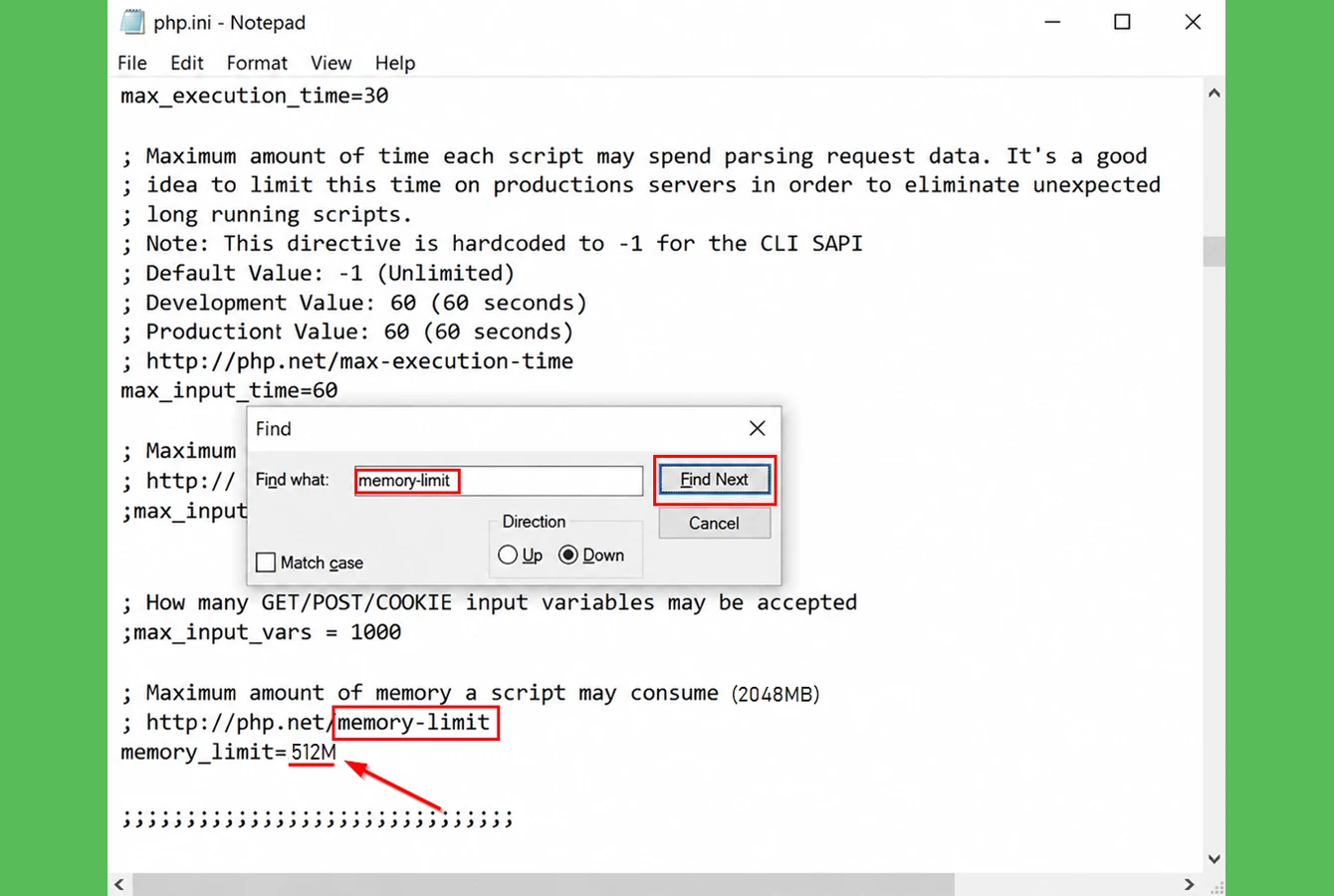 تصویر فایل php.ini در Notepad که گزینه memory_limit و مقدار 2048M را برای افزایش محدودیت حافظه PHP در XAMPP نشان میدهد.