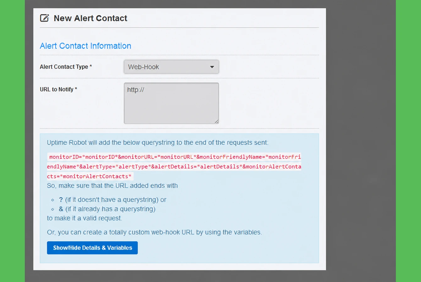 تصویر صفحه New Alert Contact در Uptime Robot برای تنظیم Web-Hook و واردکردن URL دریافت هشدار