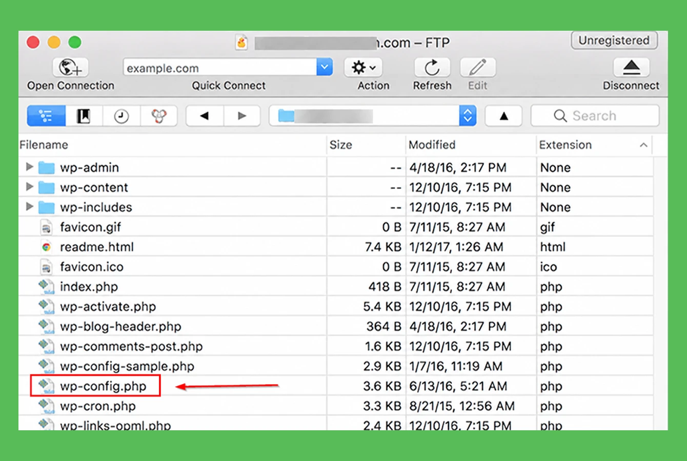 نمایش فایلهای اصلی وردپرس که فایل wp-config.php در میان آنها قابل مشاهده است.