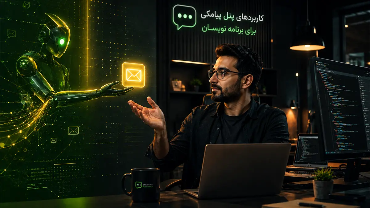 برنامه نویسی نشسته و درحال اتصال پنل پیامکی به کد نرم‌افزار خود است.