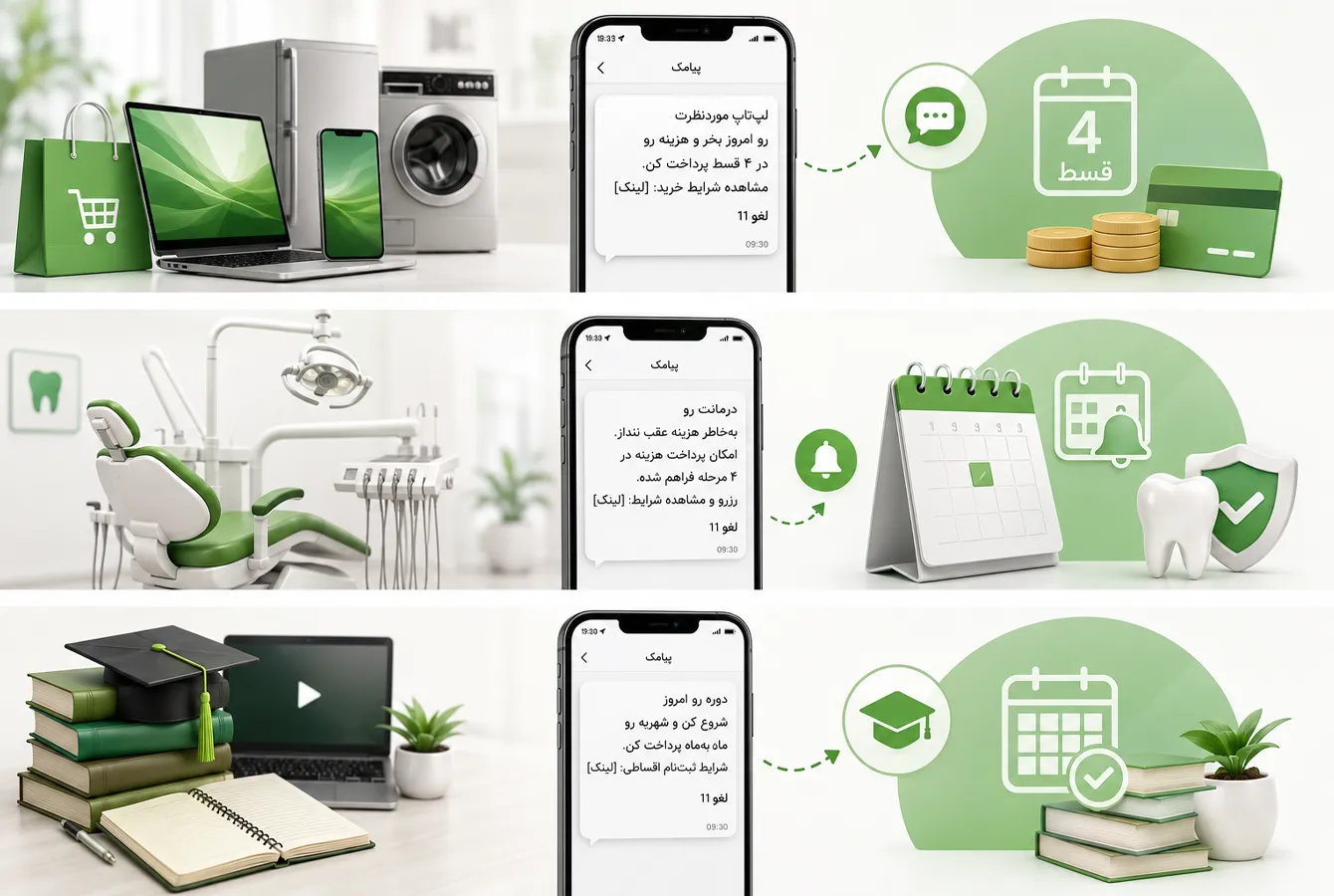 نمونه کاربرد فروش اقساطی با پیامک برای فروشگاه، کلینیک و آموزشگاه با ابزار محصولات و خدمات کسب و کار های لوازم خانگی، دندان پزشکی و ابزار تحصیل