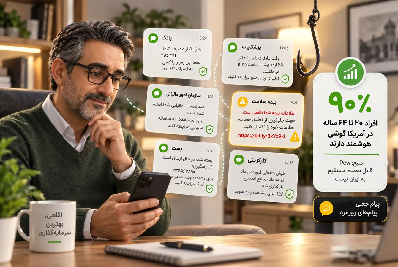 پیام جعلی فیشینگ میان پیامکهای بانکی، بیمهای، درمانی و سازمانی یک مرد میانسال
