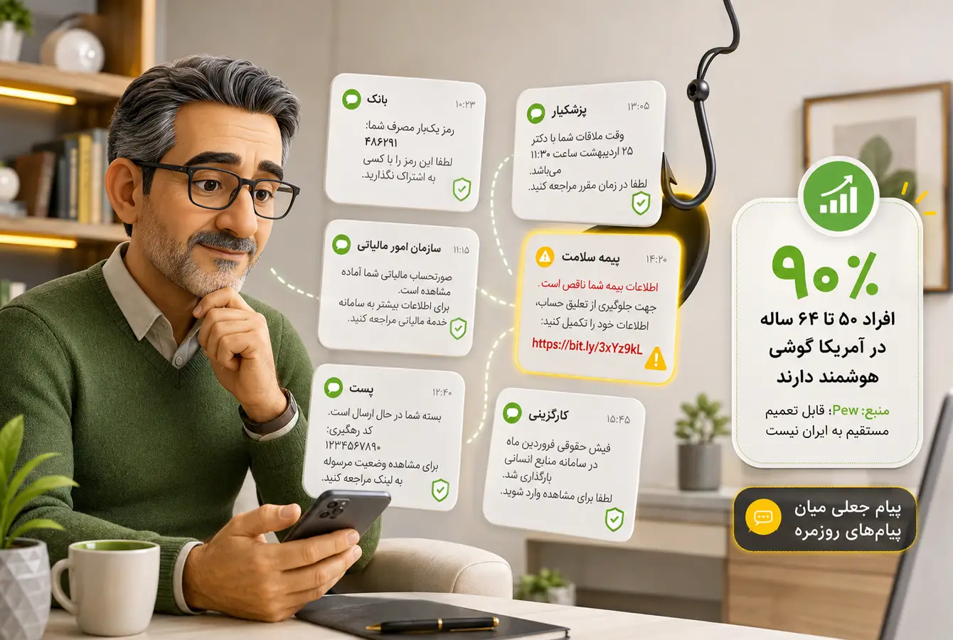 پیام جعلی فیشینگ میان پیامکهای بانکی، بیمهای، درمانی و سازمانی میانسالان