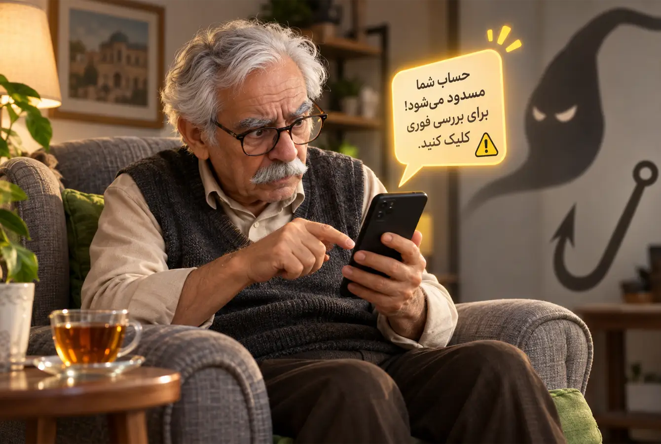 تهدید فیشینگ پیامکی یک پیرمرد با جعل هویت بانک، سازمان و اعضای خانواده