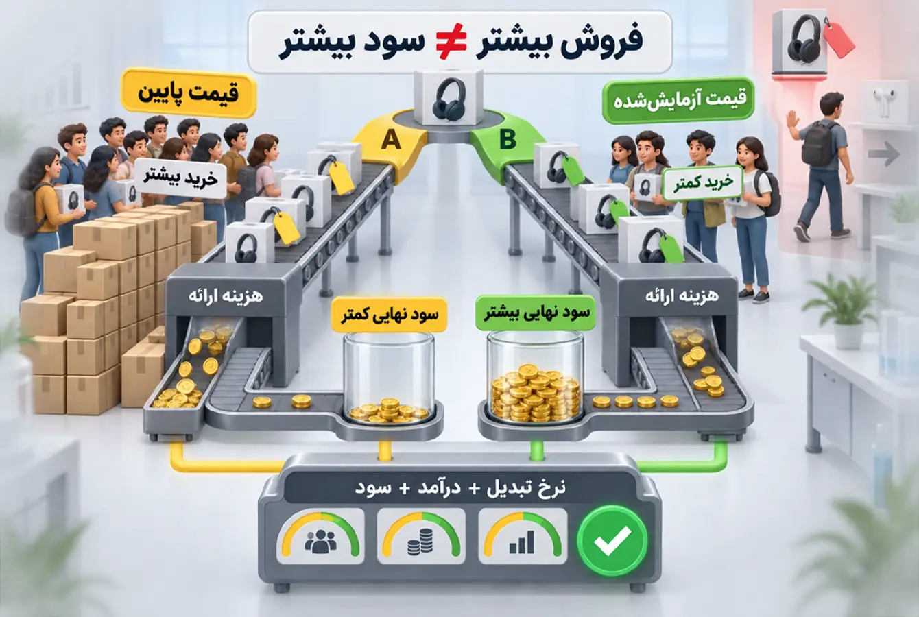 مقایسۀ دو پیشنهاد قیمتی که نشان میدهد فروش بیشتر لزوماً سود نهایی بیشتری ایجاد نمیکند دو گروه مشتریان یکی درحال خرید زیاد جنس ارزان و تعدادی در حال خرید جنس با قیمت حساب شده که سود بیشتری برای فروشنده دارد