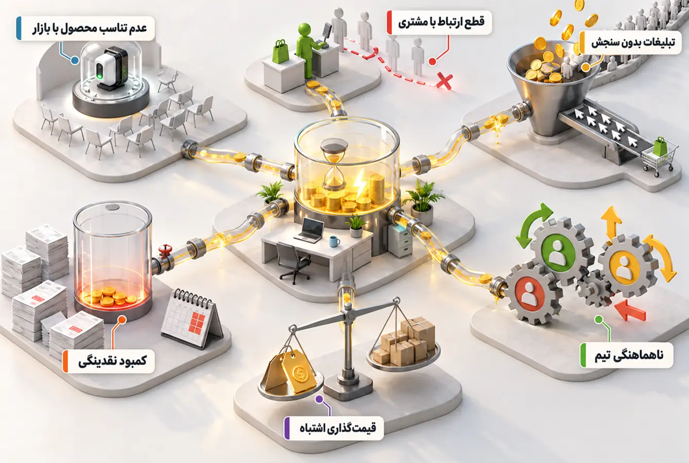 شش دلیل شکست استارتاپ شامل نبود تناسب محصول با بازار، قطع ارتباط با مشتری، تبلیغات بدون سنجش، ضعف نقدینگی، قیمتگذاری اشتباه و ناهماهنگی تیم